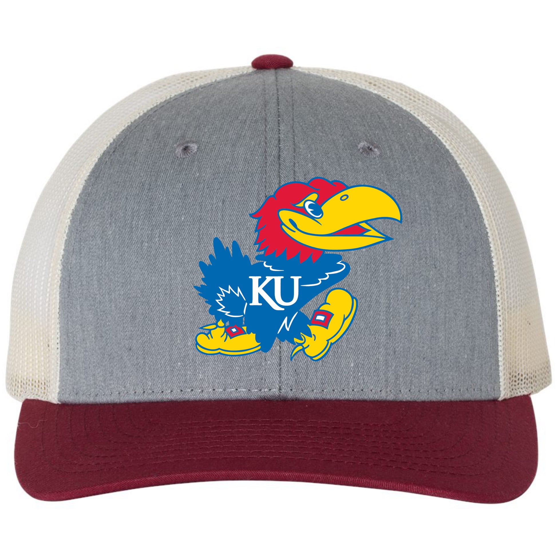 Kansas Jayhawks 3D Snapback Trucker Hat- Heather Grey/ Birch/ Cardinal - Ten Gallon Hat Co.