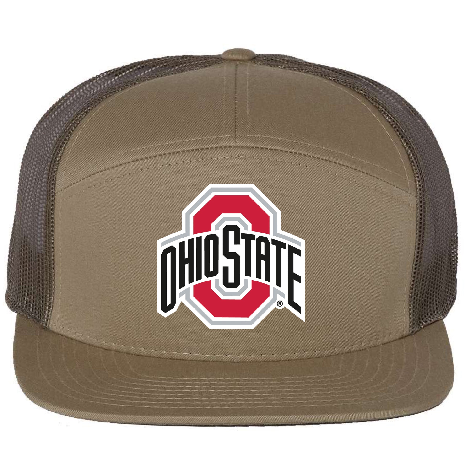 Ohio State Buckeyes 3D Snapback Seven-Panel Trucker Hat- Pale Khaki/ Loden Green - Ten Gallon Hat Co.