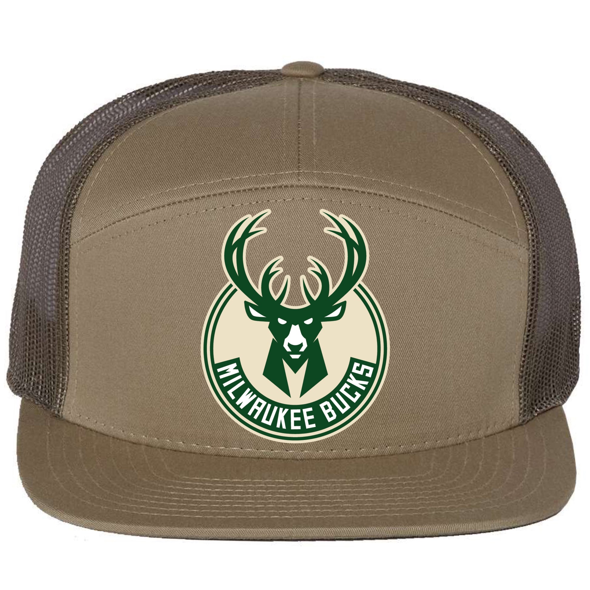 Milwaukee Bucks 3D Snapback Seven-Panel Trucker Hat- Pale Khaki/ Loden Green - Ten Gallon Hat Co.