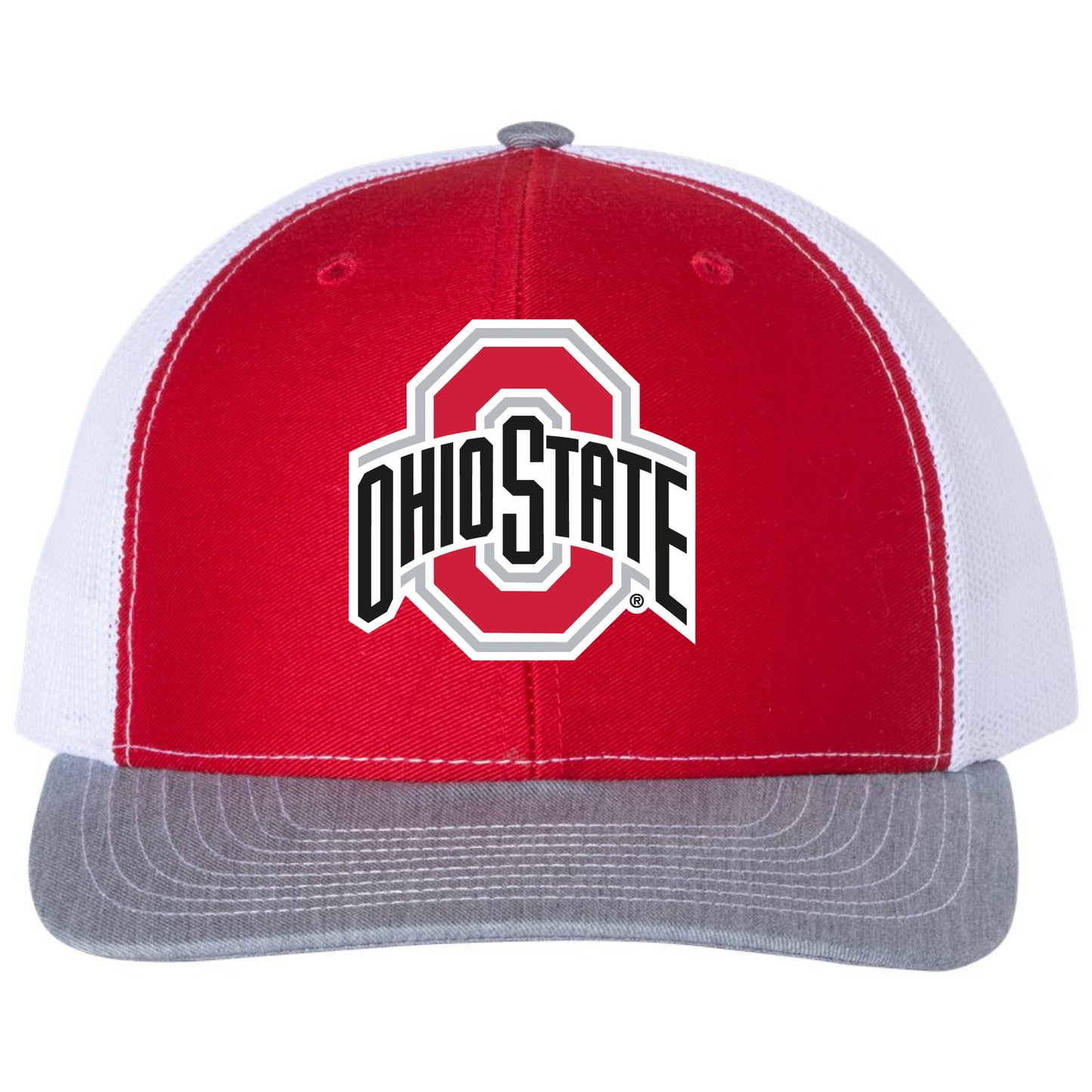 Ohio State Buckeyes 3D Snapback Trucker Hat- Red/ White/ Heather Grey - Ten Gallon Hat Co.