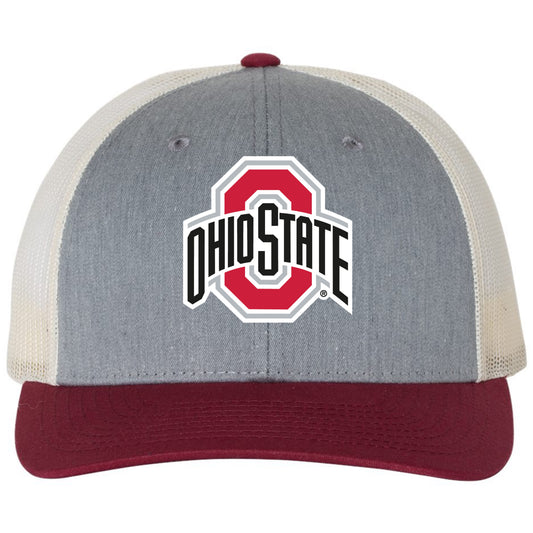 Ohio State Buckeyes 3D Snapback Trucker Hat- Heather Grey/ Birch/ Cardinal - Ten Gallon Hat Co.