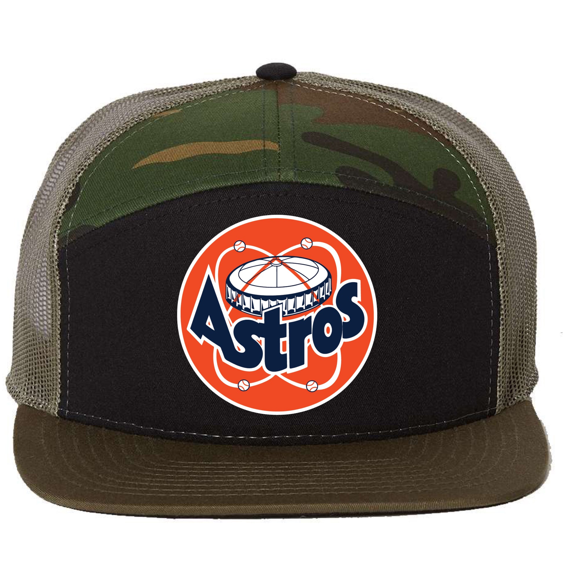 Astros Retro Astrodome 3D Snapback Seven-Panel Trucker Hat- Black/ Camo/ Loden - Ten Gallon Hat Co.