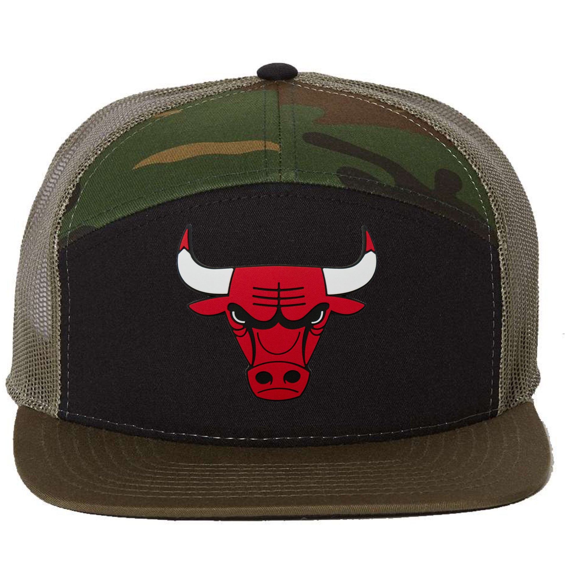 Chicago Bulls 3D Snapback Seven-Panel Trucker Hat- Black/ Camo/ Loden - Ten Gallon Hat Co.