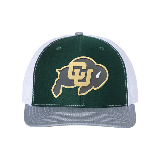 Colorado Buffaloes 3D Patch Snapback Trucker Hat- Dark Green/ White/ Heather Grey - Ten Gallon Hat Co.