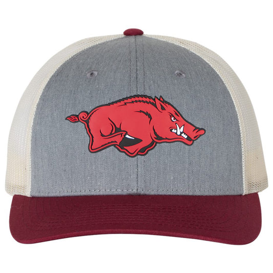 Arkansas Razorbacks 3D Snapback Trucker Hat- Heather Grey/ Birch/ Cardinal - Ten Gallon Hat Co.