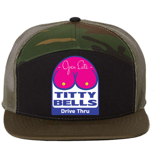 Titty Bells 3D Snapback Seven-Panel Trucker Hat- Black/ Camo/ Loden - Ten Gallon Hat Co.