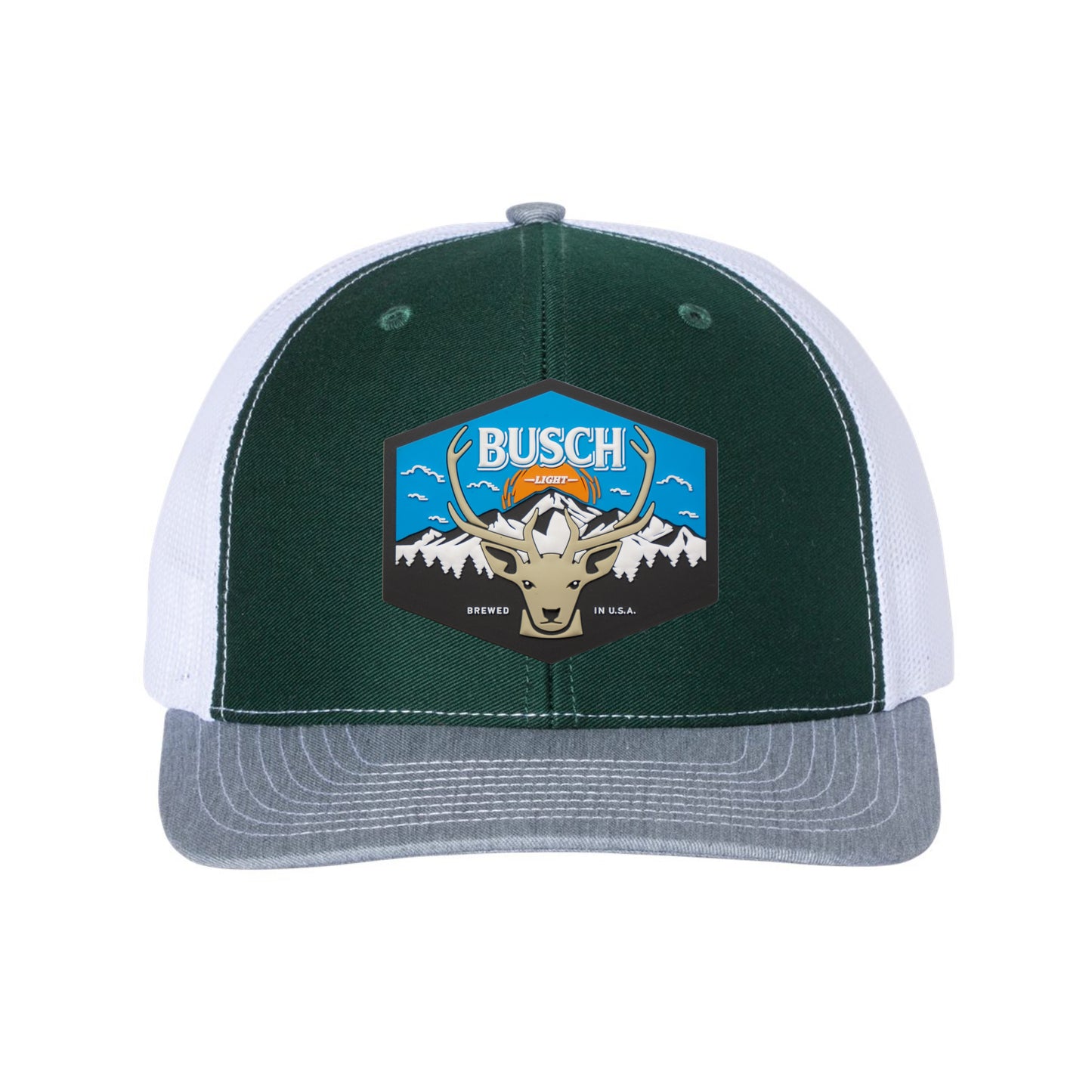 Busch Light Mountain Escape 3D Snapback Trucker Hat- Dark Green/ White/ Heather Grey - Ten Gallon Hat Co.