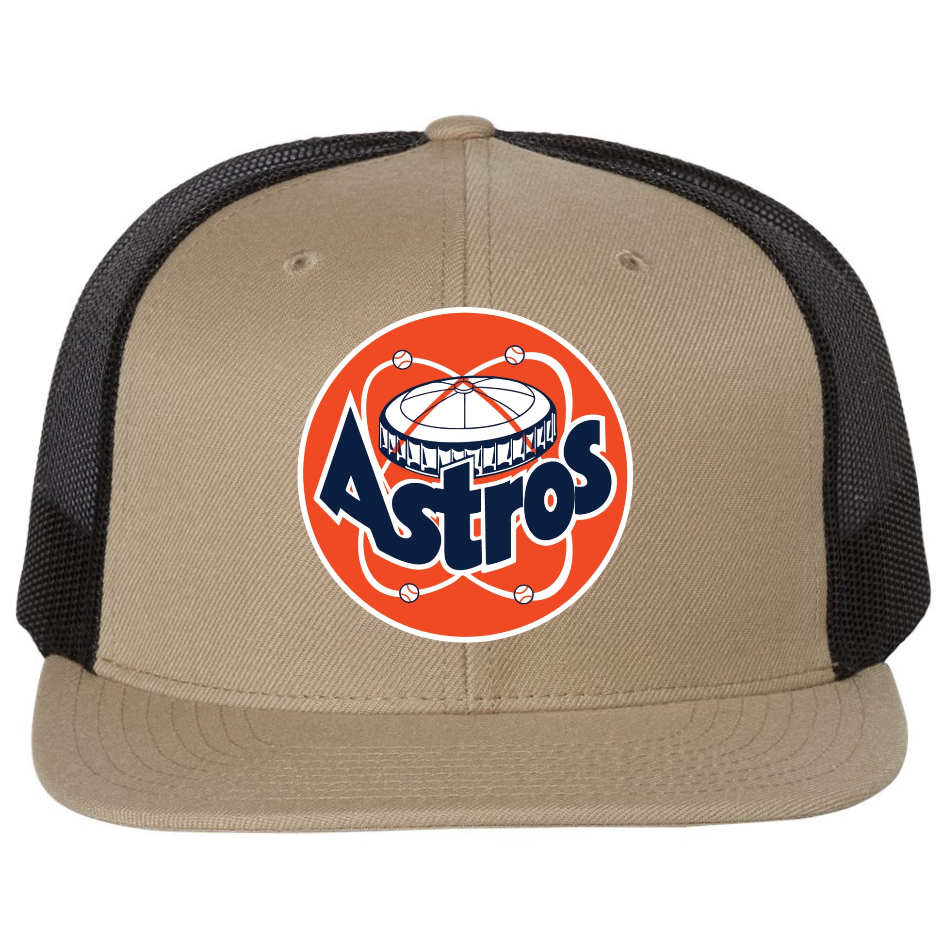 Astros Retro Astrodome 3D PVC Patch Wool Blend Flat Bill Hat- Khaki/ Black - Ten Gallon Hat Co.