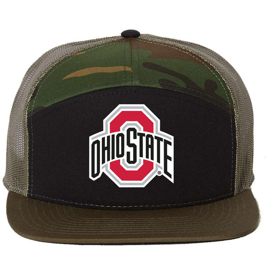 Ohio State Buckeyes 3D Snapback Seven-Panel Trucker Hat- Black/ Camo/ Loden - Ten Gallon Hat Co.