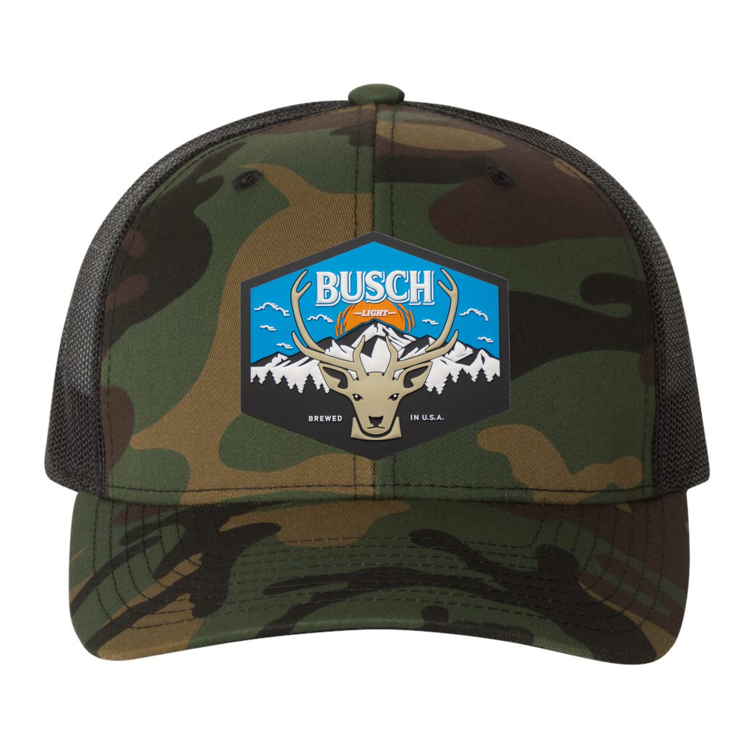 Busch Light Mountain Escape 3D YP Snapback Trucker Hat- Army Camo/ Black - Ten Gallon Hat Co.