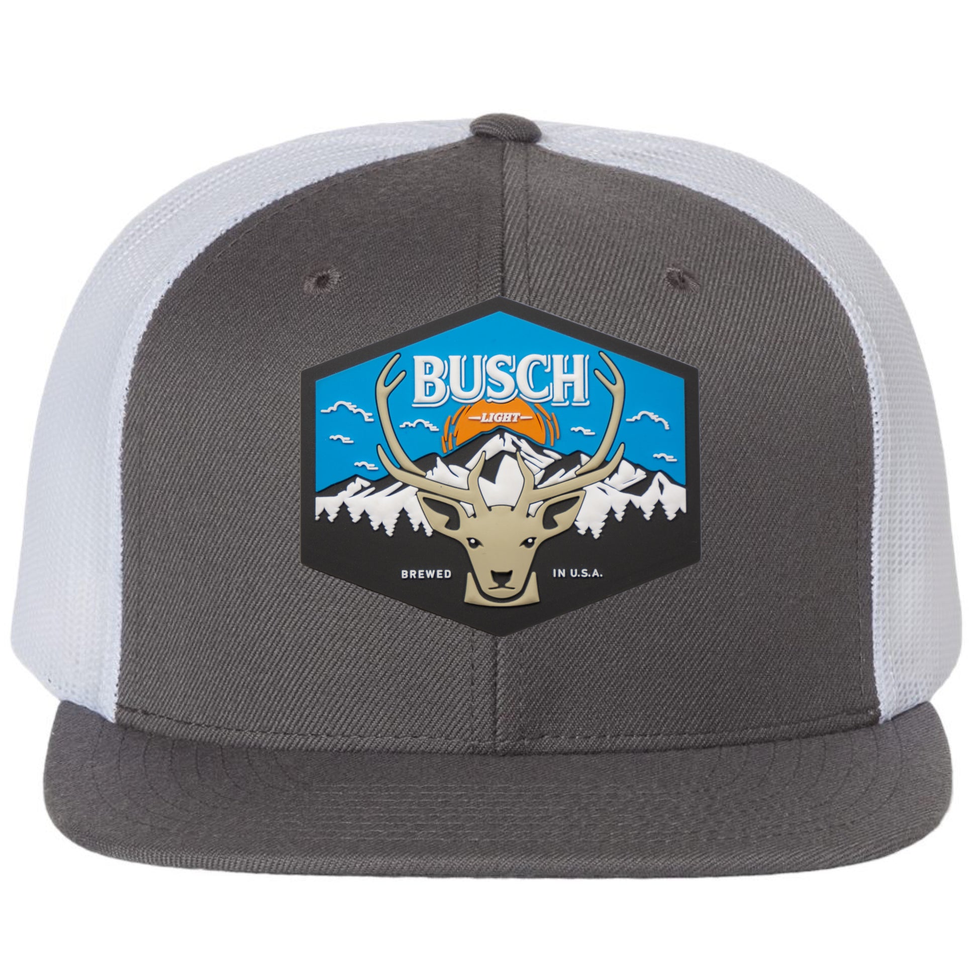 Busch Light Mountain Escape 3D PVC Patch Wool Blend Flat Bill Hat- Charcoal/ White - Ten Gallon Hat Co.