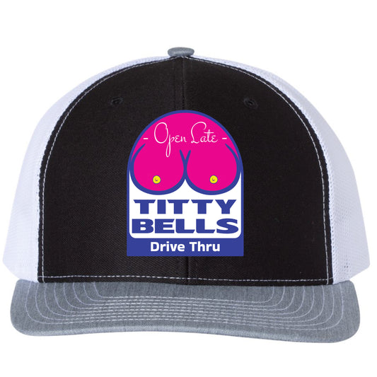 Titty Bells 3 D Snapback Trucker Hat- Black/ White/ Heather Grey - Ten Gallon Hat Co.