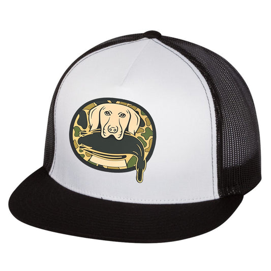 Just Retrievin' - T.G.H.C Original 3D Duck Hunting YP Snapback Flat Bill Trucker Hat- White/ Black - Ten Gallon Hat Co.