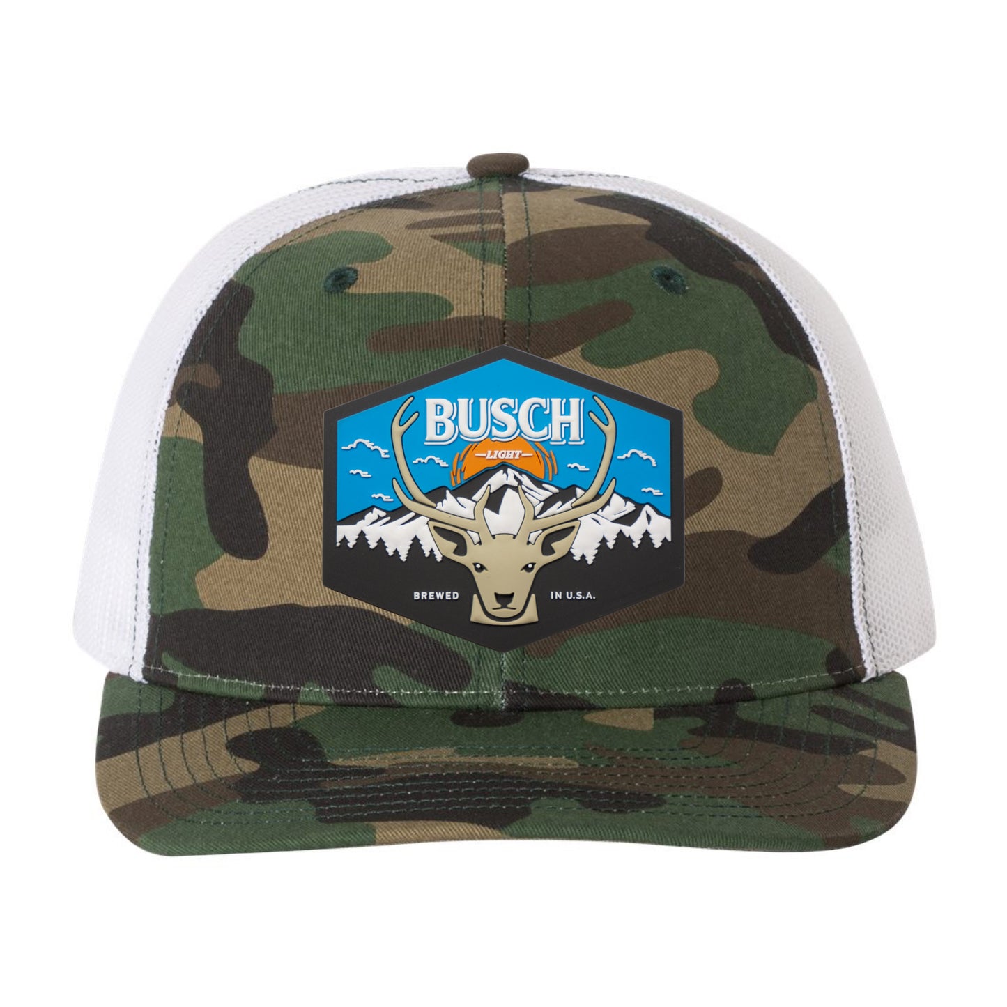 Busch Light Mountain Escape 3D Patterned Snapback Trucker Hat- Army Camo/ White - Ten Gallon Hat Co.
