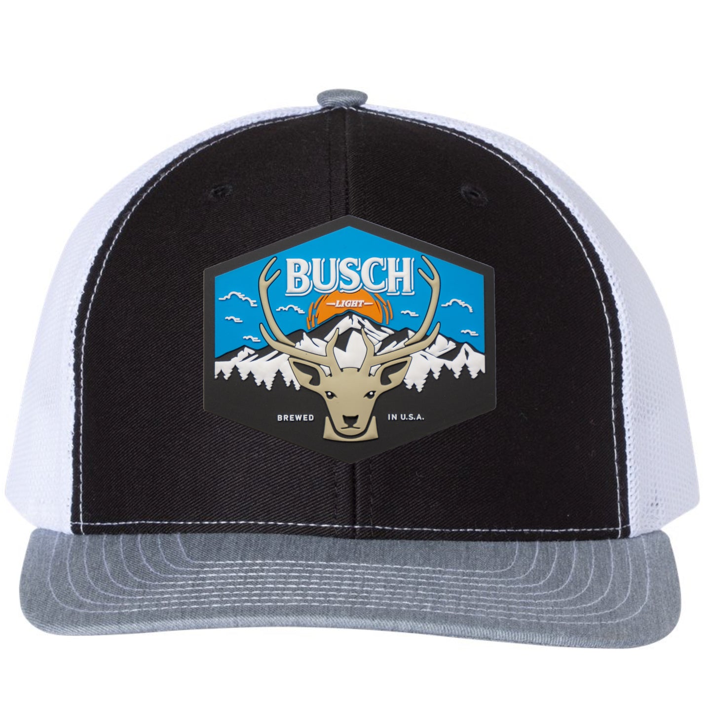 Busch Light Mountain Escape 3D Snapback Trucker Hat- Black/ White/ Heather Grey - Ten Gallon Hat Co.