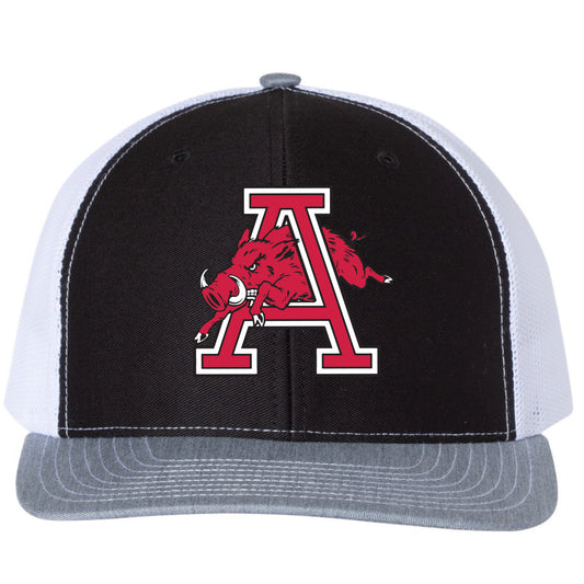 Arkansas Razorbacks Jumping Hog Classic 3D Snapback Trucker Hat- Black/ White/ Heather Grey - Ten Gallon Hat Co.