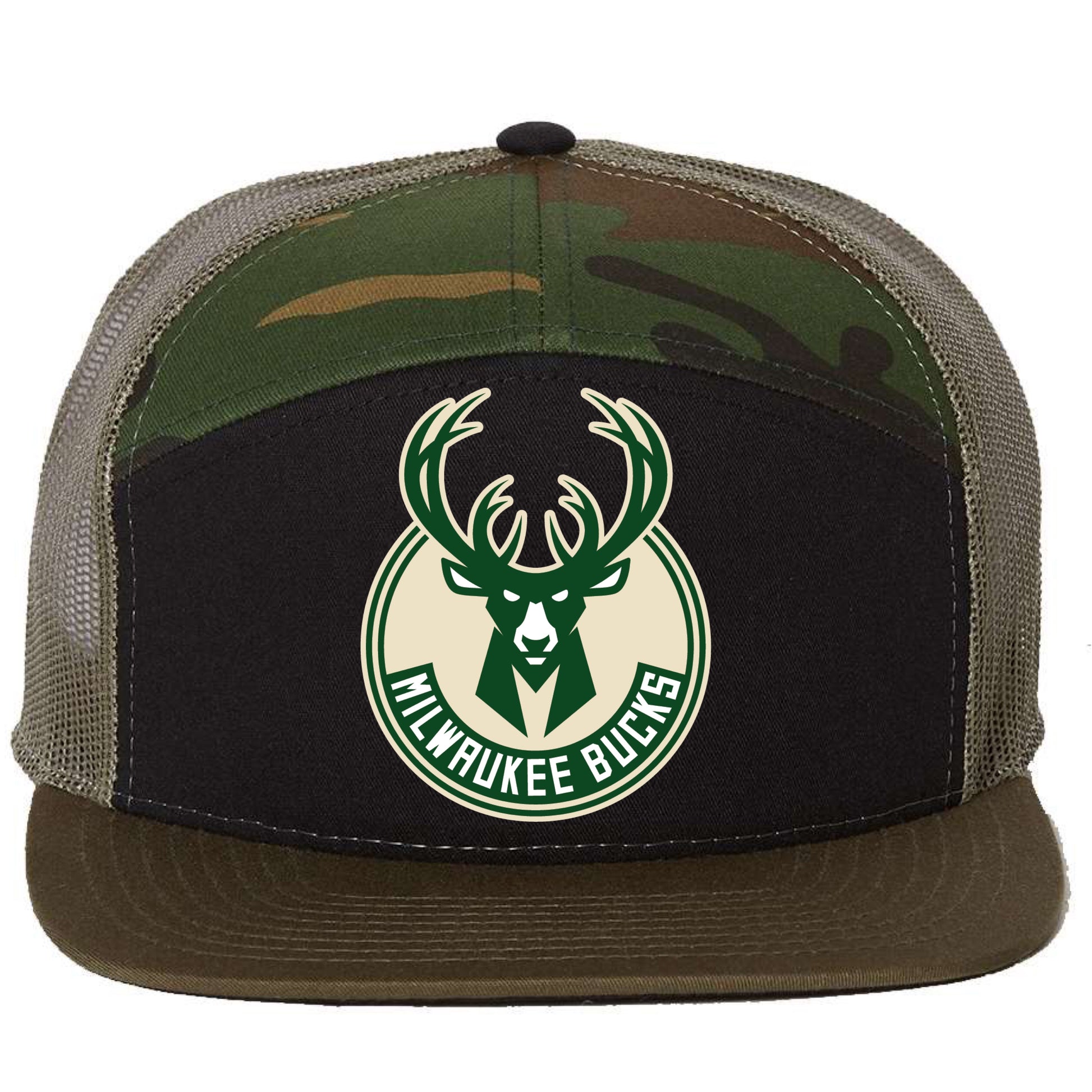 Milwaukee Bucks 3D Snapback Seven-Panel Trucker Hat- Black/ Camo/ Loden - Ten Gallon Hat Co.