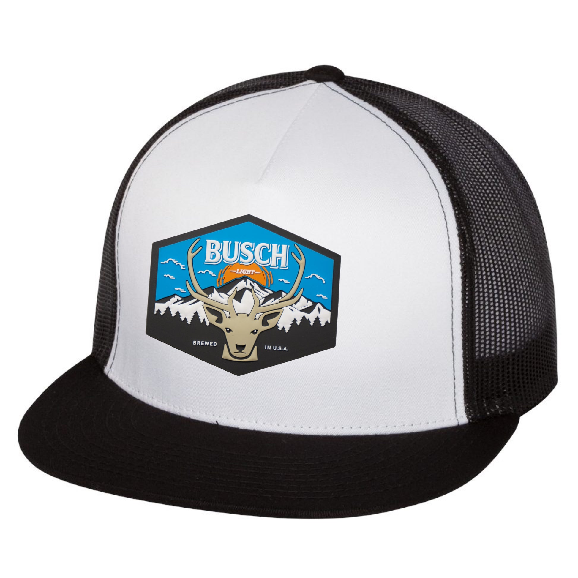 Busch Light Mountain Escape 3D YP Snapback Flat Bill Trucker Hat- White/ Black - Ten Gallon Hat Co.