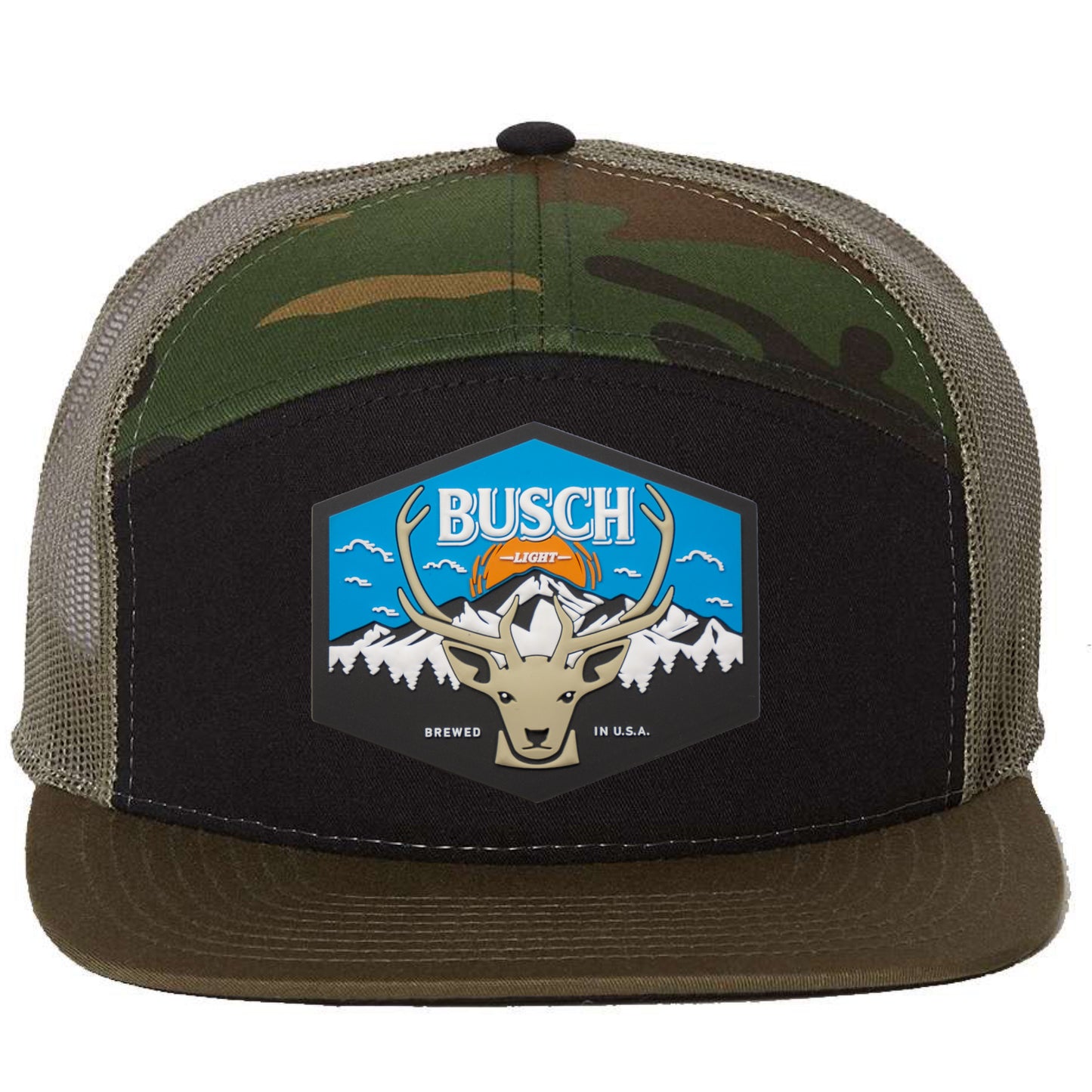 Busch Light Mountain Escape 3D Snapback Seven-Panel Trucker Hat- Black/ Camo/ Loden - Ten Gallon Hat Co.