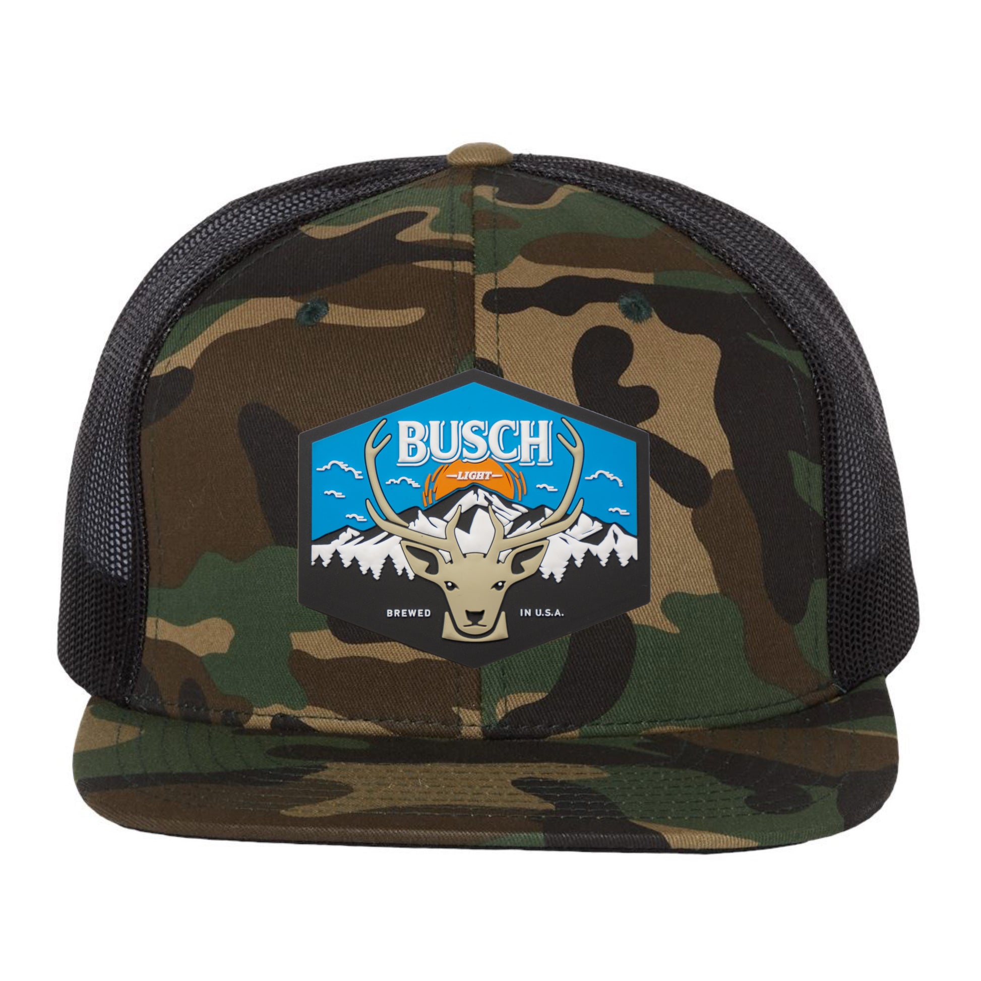 Busch Light Mountain Escape 3D PVC Patch Wool Blend Flat Bill Hat- Army Camo/ Black - Ten Gallon Hat Co.