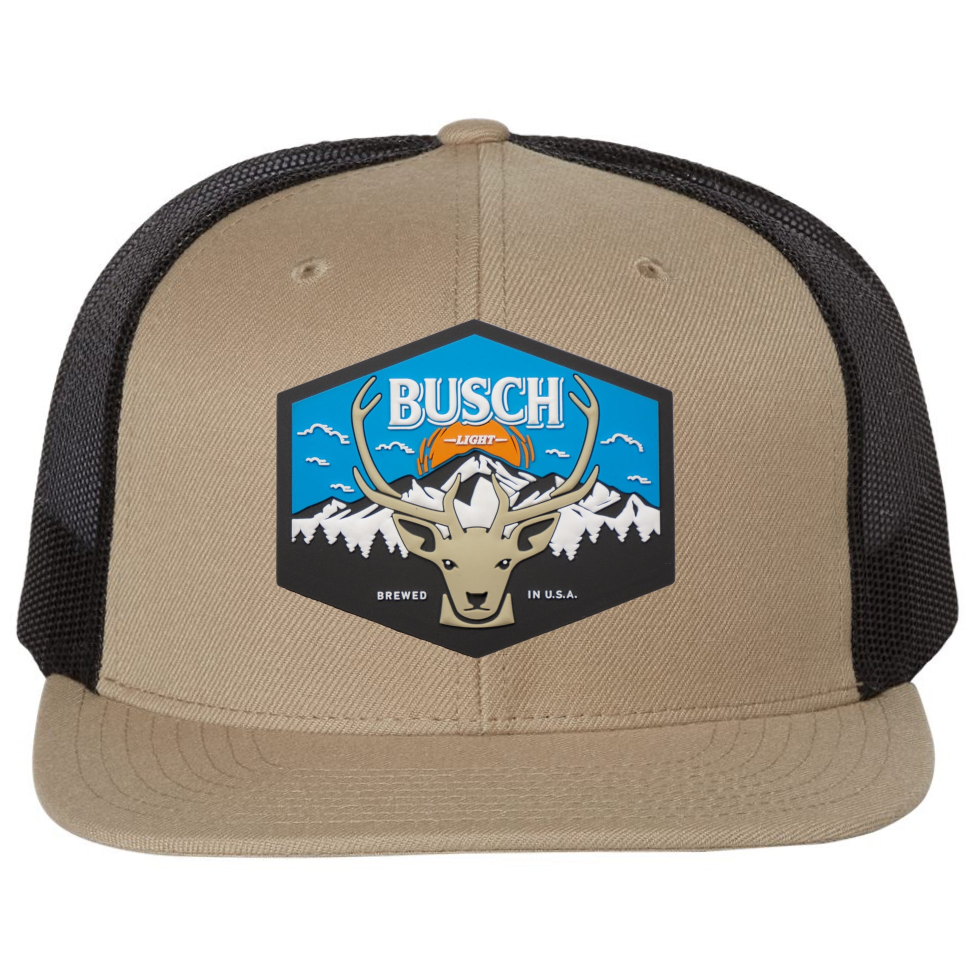 Busch Light Mountain Escape 3D PVC Patch Wool Blend Flat Bill Hat- Khaki/ Black - Ten Gallon Hat Co.